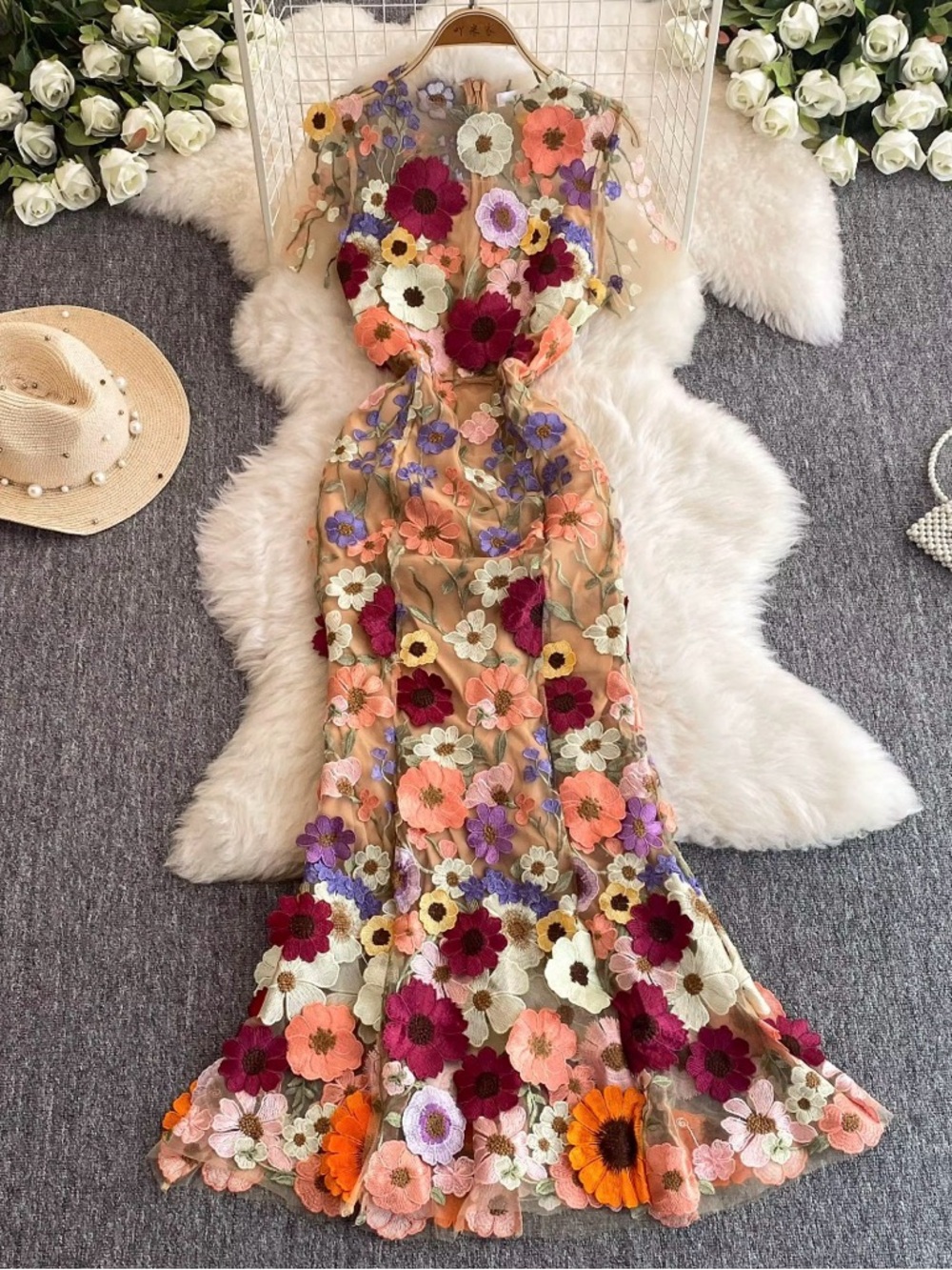 Floral Embroidered Partially Sheer Maxi Dress in Beige with Multicolor Flowers